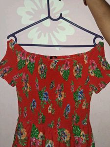Red Floral Off-Shoulder Smocked Dress