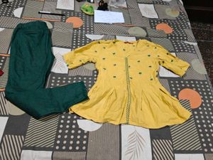 Yellow Kurta Set with Green Pants