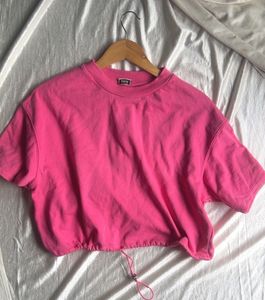 Hot Pink drawcord hem Cropped T-Shirt