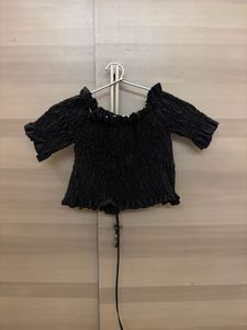 Chic Black Smocked Off-Shoulder Top