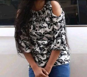 Stylish Cold Shoulder Butterfly Print Top