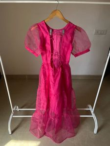 Fuchsia Pink Tiered Puff Sleeves Midi Dress
