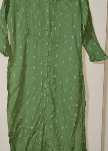 Green Printed Straight Kurti | Button-Down Cotton