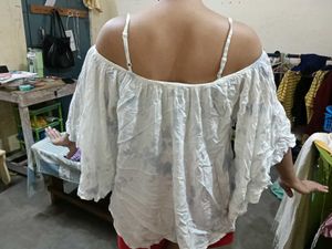 Flowy Off-Shoulder White Tassel Top