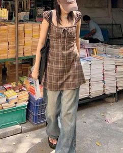 y2k Brown Plaid Cottagecore Top
