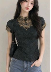 Sparkly Black Top with Lace Collar