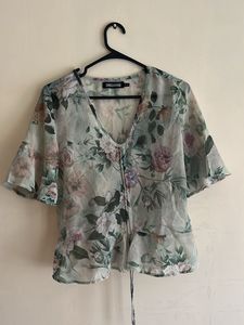 Sheer Floral Print V-Neck Top