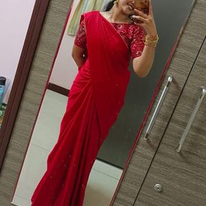Vibrant Red Saree with Tassels