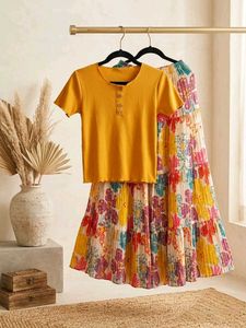 Mustard Ribbed Top &amp; Multicolor Floral skirt