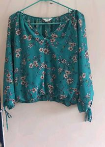 Teal Floral Print V-Neck Blouse