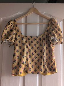 Corset style yellow Floral Button-Up Crop Top