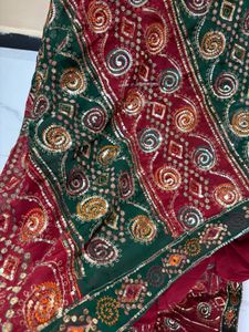 Red &amp; Green Embroidered Saree