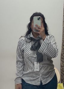 Striped Button-Up Shirt with Scarf Detail