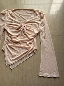 Sheer Ruched Tie-Front Top