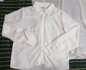 Elegant White Lace Trim Button-Up Blouse