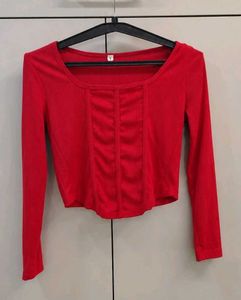 Red Ribbed Long Sleeve Crop Top