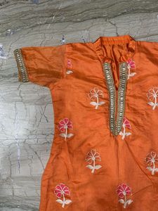 Orange Embroidered Kurta With Free Pants