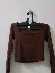 Brown Square Neck Long Sleeve Top