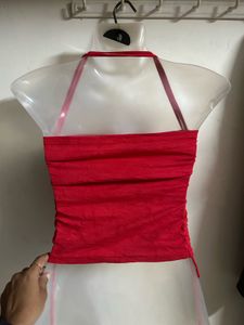 Red Halter Neck Ruched Crop Top