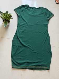 Green Ribbed Knit Dress with Embellished Shoulders