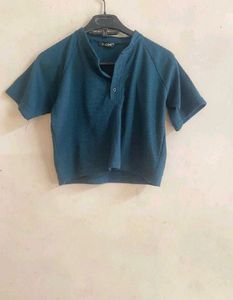 Teal Ribbed Cropped Henley Top