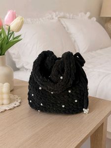 Handmade Black Crochet Pearl Bag🖤