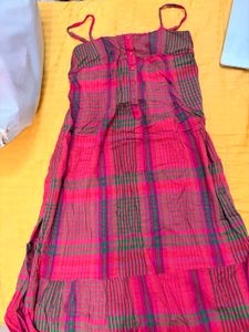 Women's Pink Plaid Spaghetti Strap Kurta