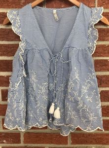 Zara Blue Striped Cotton Embroidered Top