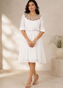 Elegant White Embellished Neckline Dress
