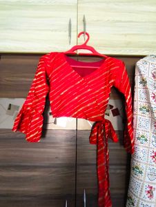 Red Bandhani Blouse &amp; Printed Lehenga