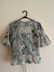 Sheer Floral Print V-Neck Top