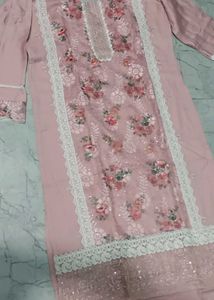Elegant Pink Floral Kurta Set with Lace