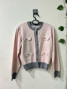 Chic Pink & Grey Button-Up Cardigan