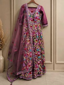 Embroidered Net Gown with Dupatta