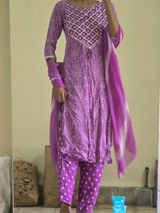 Purple Bandhani Kurta Set with Dupatta