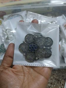 Vintage Coin Brooch with Blue Stones