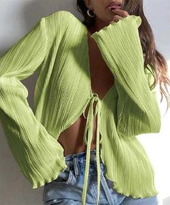 Green bell long sleeve front tie top