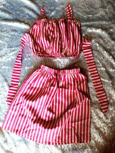 Cute Pink Striped Crop Top &amp; Skirt Set