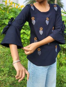 Navy Blue Embroidered Sleeve Tie Top