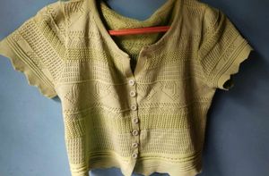light green knitted button-front crop top