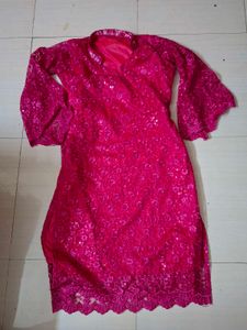 Pink Net Embroidered Kurta