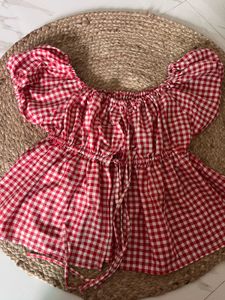 Red Gingham Puff Sleeve Top