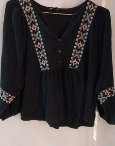 Black Embroidered V-Neck Top