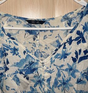 Blue Floral Puff Sleeve Cropped Top