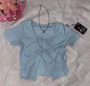 Baby Blue Tie-Front Bow Crop Top