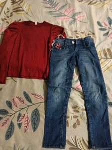 Chic Red Top & Blue Jeans Set