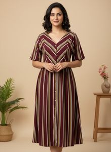 PlusS Striped Maroon  Button-Down Midi Dress