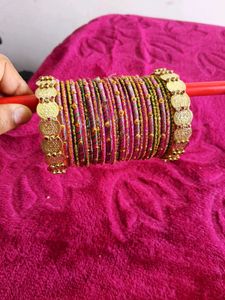Red Embellished Bangle Set with Coin Accents
