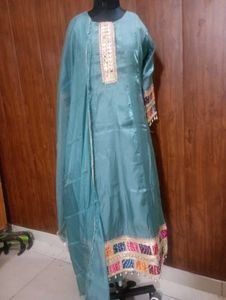 Teal Kurta Set with Embellished Neckline