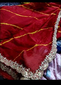 Red Bandhani Saree with Embellished Border